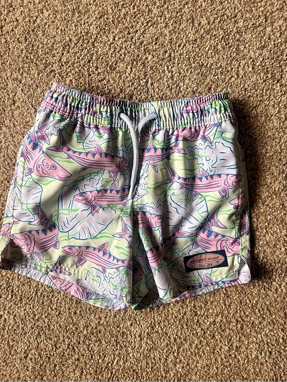 Vineyard Vines Boys Chappy Fish Print Swim Trunks Pink & Green